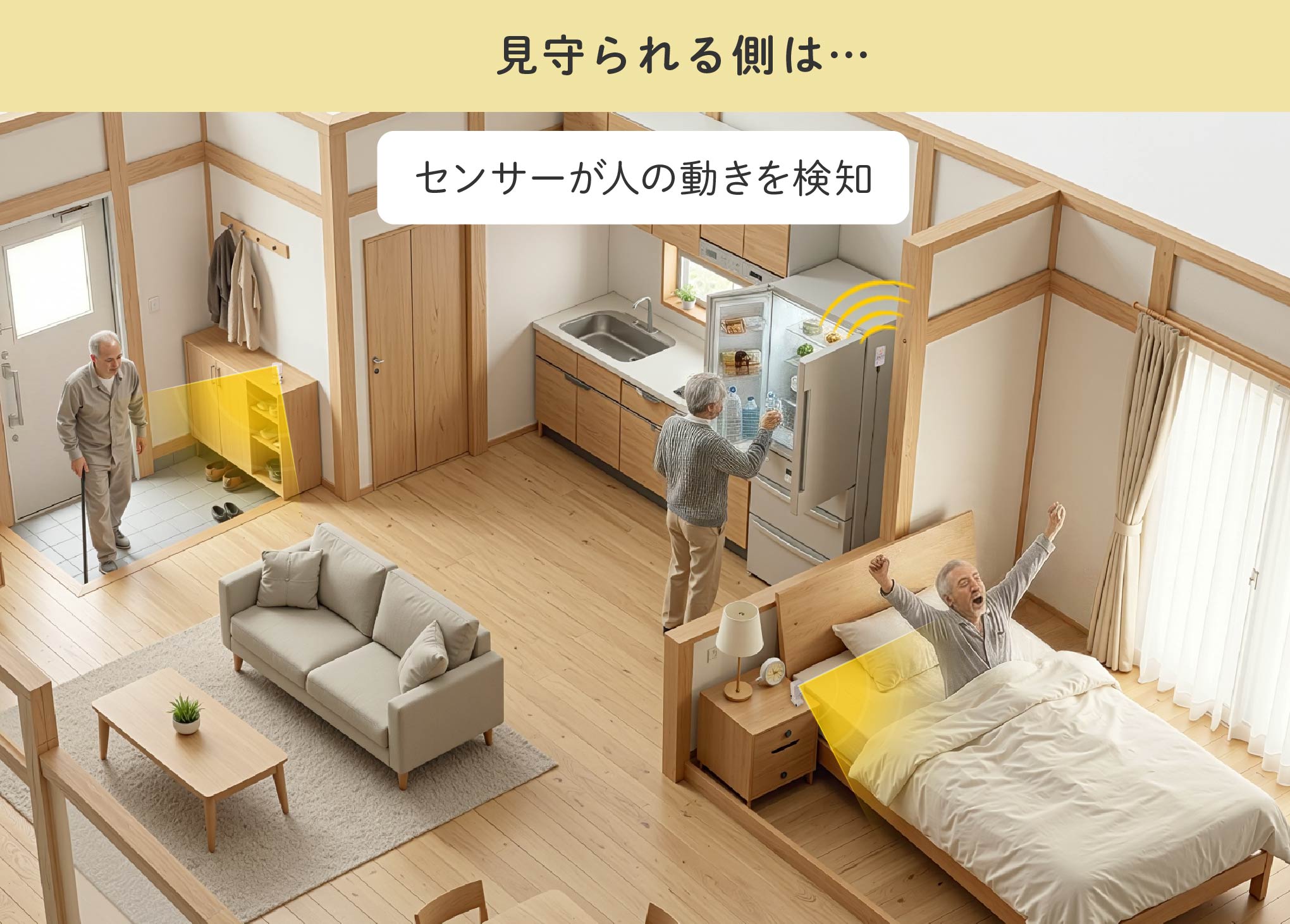 見守られる側は… センサーが人の動きを検知